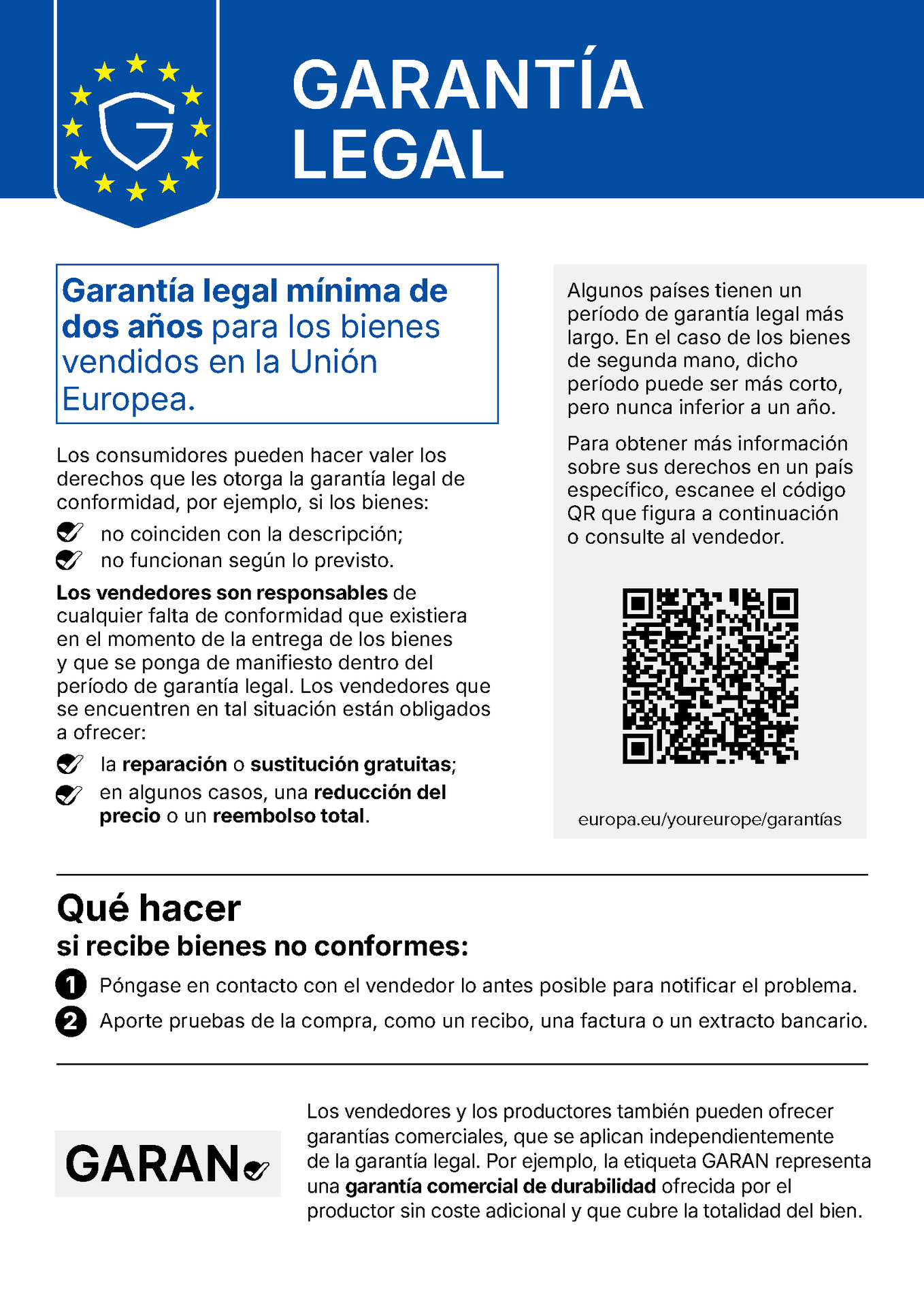 Aviso armonizado de la UE sobre la garantía legal de conformidad (GARANTÍA LEGAL)